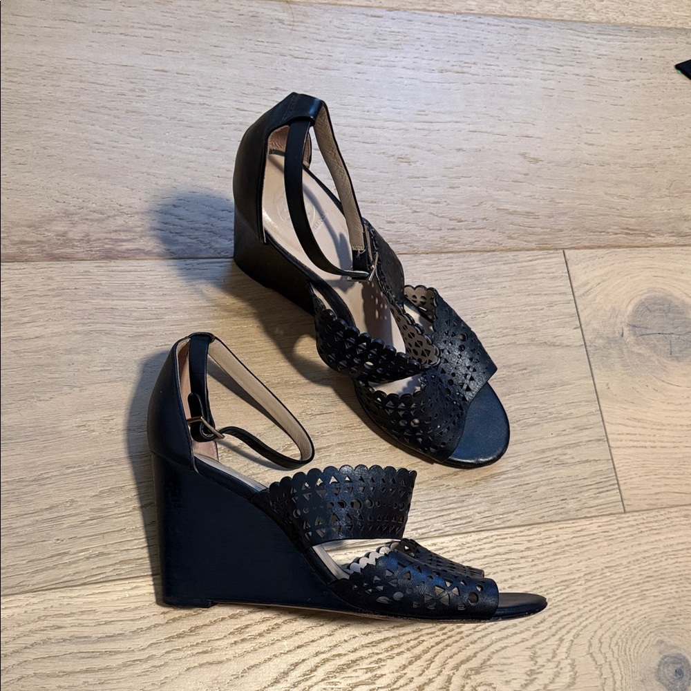 Tory Burch Black Cutout laser cut Wedge leather Sandals 7.5
